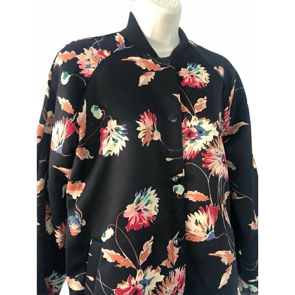 Chaps Black Floral Snap Front Satin Bomber Jacket - Picture 3 of 9